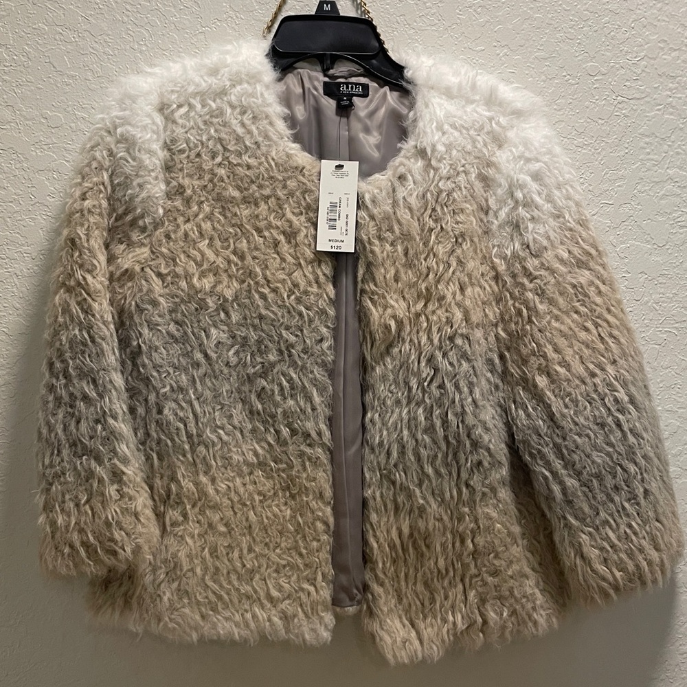 Textured Faux Fur Jacket in Cream and Brown